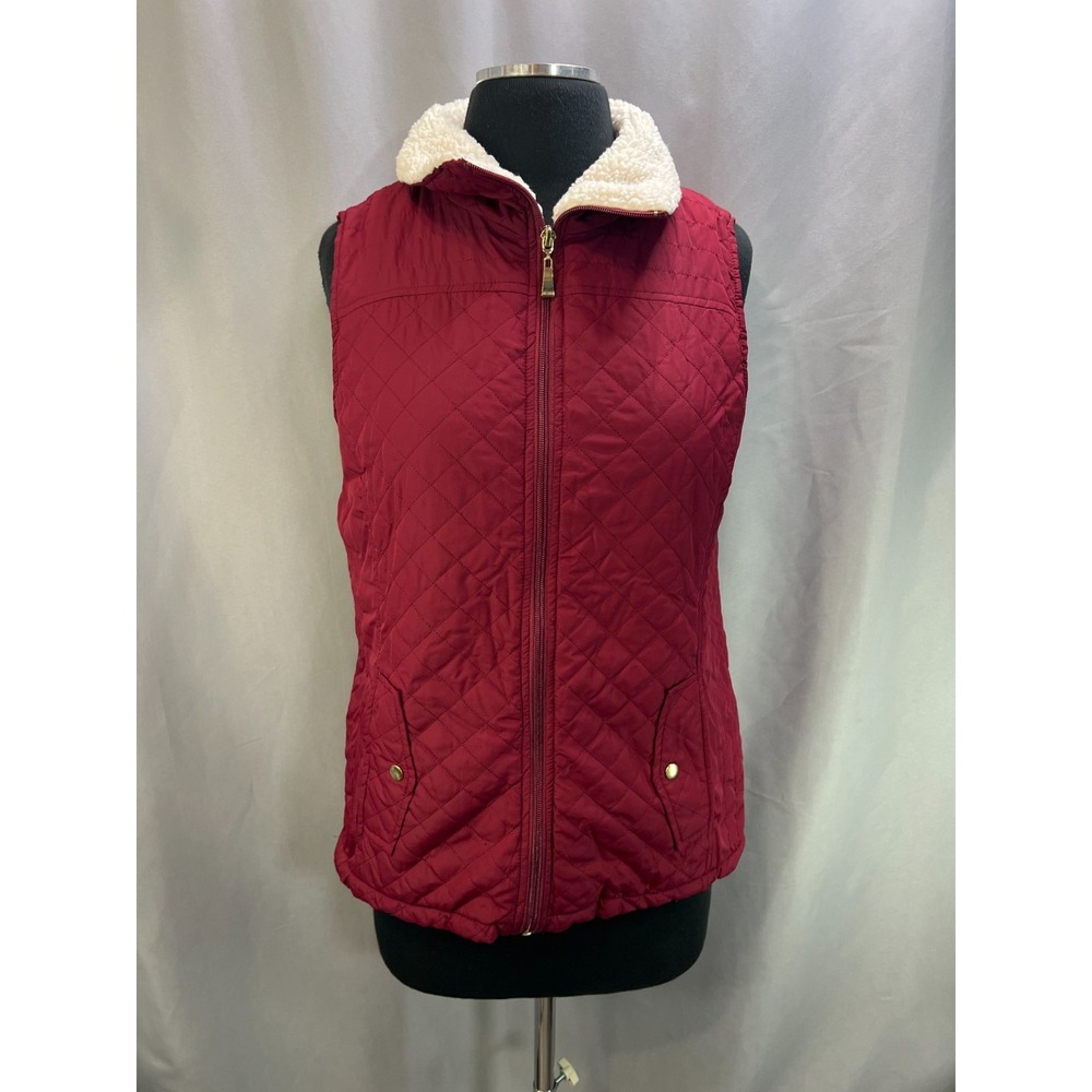 Active Usa Quilted Vest Womens Medium Burgundy Sherpa Collar Full Zip Winter
